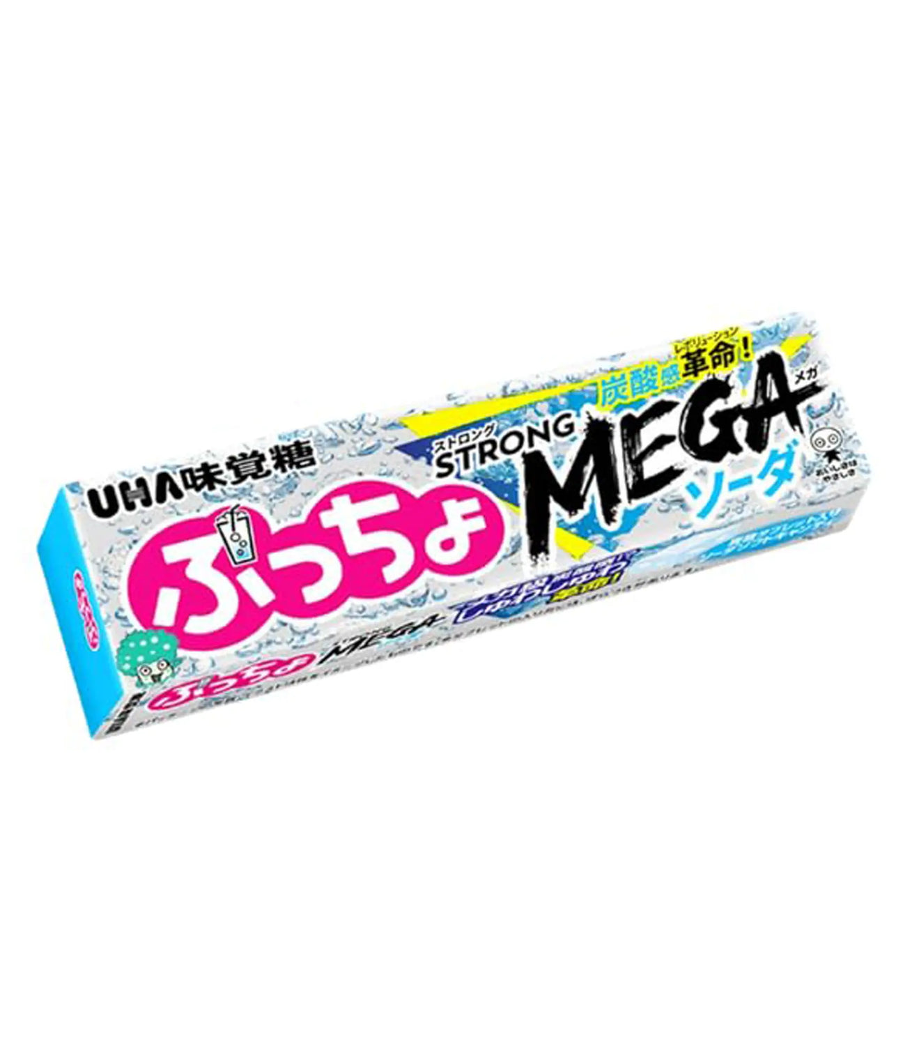 A package of UHA Strong Mega Soda toothpaste, featuring a white and blue design with bold pink and black Japanese text.