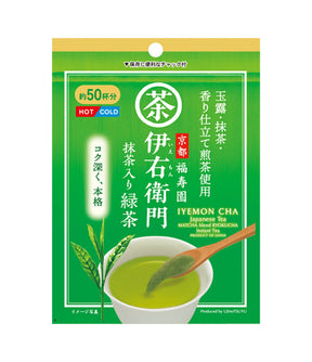 A green package of Iyemon Cha Japanese Matcha Green Tea, featuring a bowl of green tea and a wooden spoon on the front, with Japanese text and a yellow top banner.