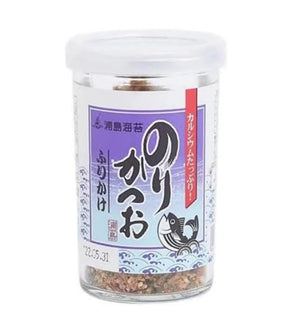 A clear plastic jar of Japanese fish seasoning with a white lid and a purple label featuring Japanese text and a fish illustration.