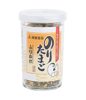 A clear plastic jar of Japanese fish sauce seasoning with a white lid and a white label featuring orange and black text, a cartoon character, and a red vertical banner.