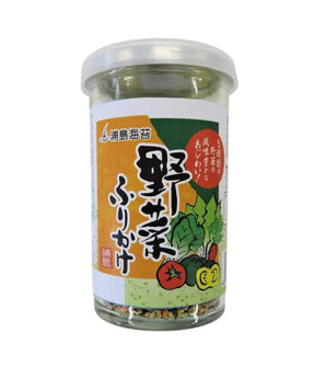 A clear glass jar of Japanese sea urchin seasoning with a white lid, featuring a colorful label with green, orange, and red sections and illustrations of vegetables.