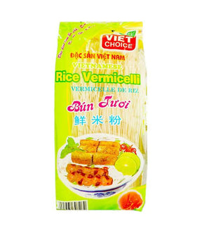 Packaging of Viet Choice Vietnamese Rice Vermicelli with a picture of the vermicelli noodles and accompanying vegetables.