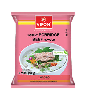 A package of Vifon Instant Porridge Beef Flavour 50g, with an image of the prepared porridge on the front.