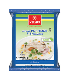 A package of Vifon Instant Porridge in Fish Flavour, showing the product name, weight of 50g, and an image of the prepared porridge.