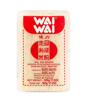 Packaging of Wai Wai Rice Vermicelli 500g showing the product name and branding, with text indicating it's a product of Thailand.