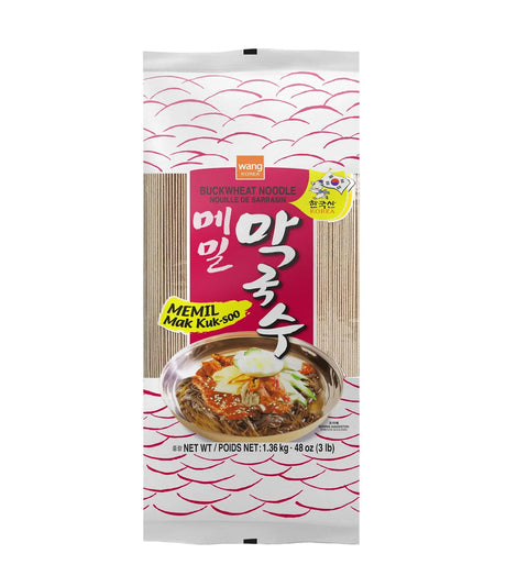 Packaged noodles with a white and red design on a white background