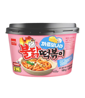 A packaged product of Wang Topokki Rice Cake with Hot Sauce in Carbonara Flavor, showing the product name, image of the rice cake, and the brand's logo on the front.