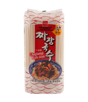 Packaged dried noodles for Jjajangmyeon, showing the product name and an image of the cooked dish on the front.