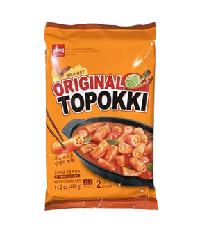 Packaging for Wang Original Topokki, showing the product name, an image of the topokki, and the weight of 406g.