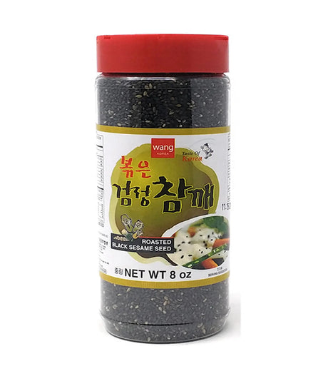 Plastic jar of Wang Roasted Black Sesame Seed with a label showing the product name and an image of the sesame seeds.
