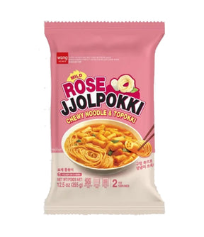 Packaging for 'Wang - Rose Jjolpokki Chewy Noodle & Topokki 355g'. The package is predominantly pink with an image of the product on the front, showing a bowl of chewy noodles with a rose flower symbol indicating the mild rose flavor.
