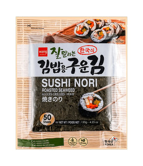 Packaging for Wang - Sushi Nori Roasted Seaweed showing the product name, weight, and an image of sushi rolls, indicating the use of the seaweed.