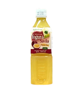 A bottle of Wang - Yogo Vera Drink with passion fruit flavor, 500ml, with label information in Korean.