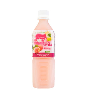 A bottle of Wang - Yogo Vera Drink with peach flavor, 500ml, with labeling that includes a peach image and text indicating it is a product of Korea.