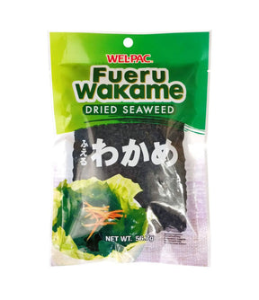 Packaging of Wel-Pac Fueru Wakame Dried Seaweed showing the product visible through the clear window, with green and white labeling.