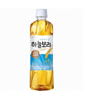 A bottle of Woongjin Barley Tea, 500ml, with a label primarily in blue and yellow colors, indicating it is a product of Korea.