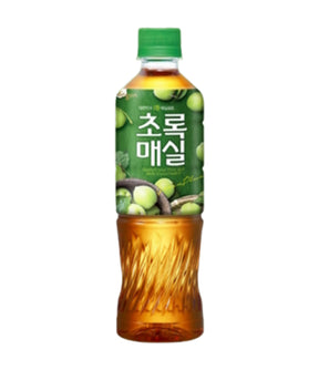 A bottle of Woongjin Green Plum Drink with Korean labeling, predominantly green and white color scheme, on a plain background.