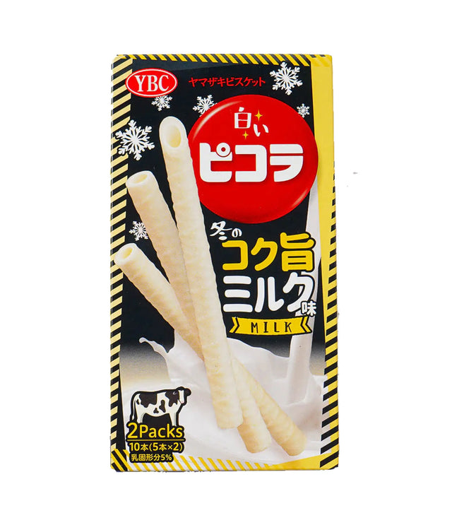 Packaging of YBC Pico Pico milk-flavored cookies with Japanese text and snowflake design.