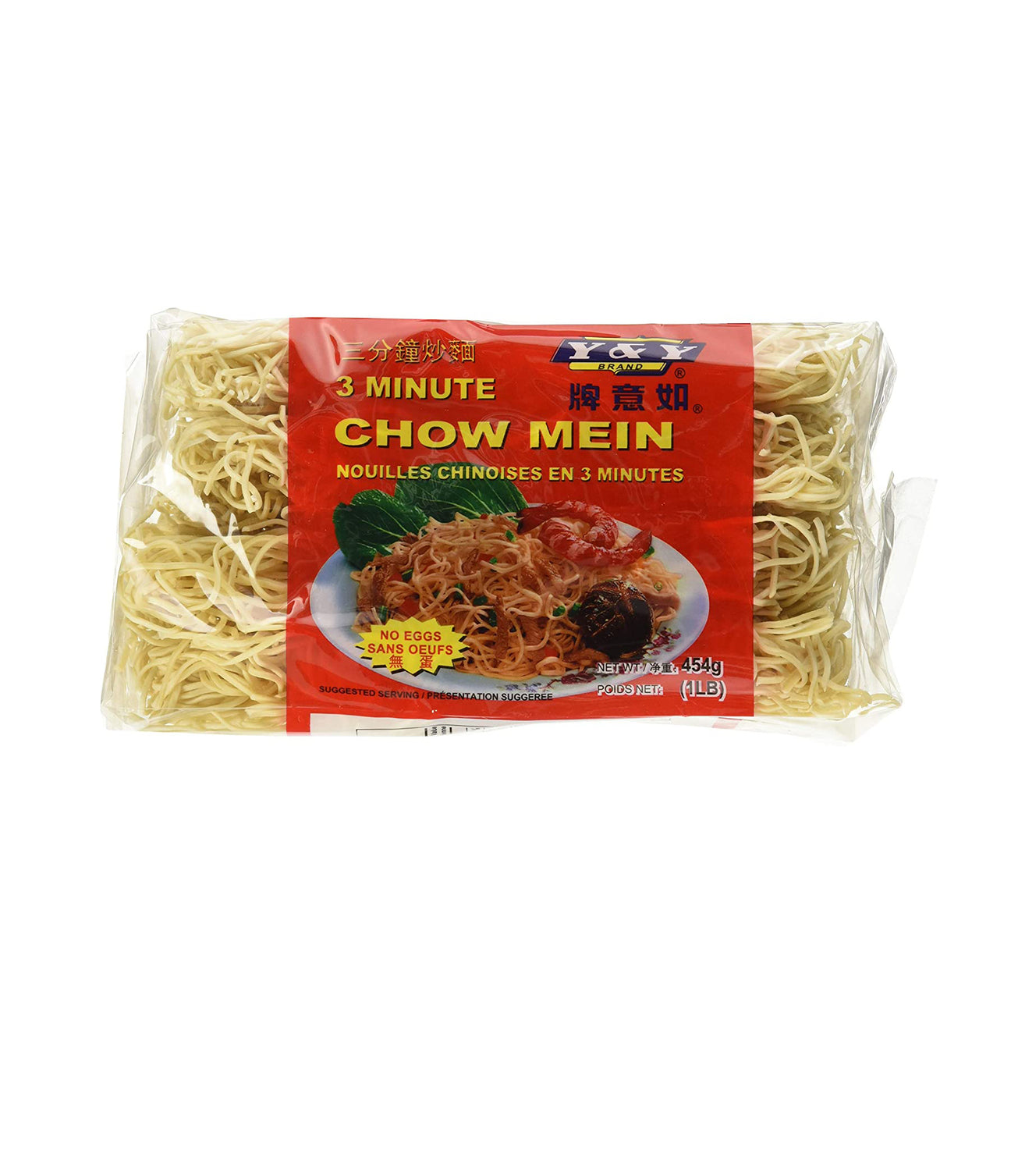 Packaged 3 Minute Chow Mein Noodles by Y&Y Brand, showing the dried noodles in a clear plastic packaging with a red label, product of China.