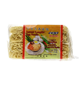 Packaging of Y&Y Brand Instant Longlife Egg Noodle showing the noodles and a prepared dish on the front, with Chinese characters and product information.