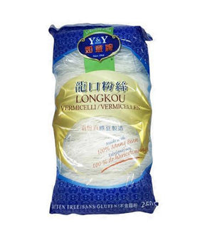 Packaged Longkou Vermicelli noodles in a blue and yellow bag, 250g product of China.