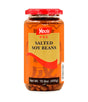 A glass jar of Yeo's Salted Soy Beans with a bright orange label, red lid, and visible soy beans inside, set against a plain white background.