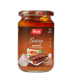 A jar of Yeo's Satay Sauce for Barbecues & Dips, 270g, with a label showing the product name, an image of satay skewers, and the text 'Product of Malaysia'.