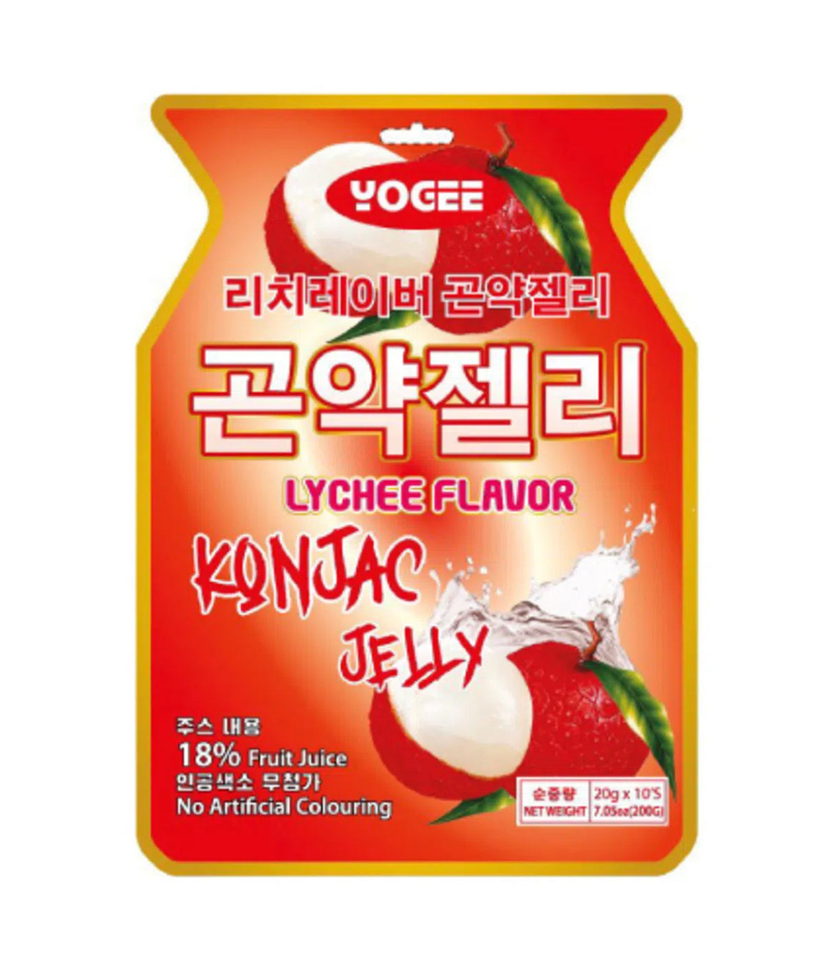 Packaging of Yogee Konjac Jelly with Lychee Flavor, predominantly red and white color scheme, with images of lychees and the product name in English and Korean.