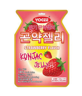 Packaging of Yogee Konjac Jelly in Strawberry Flavor, with images of strawberries and the product name displayed prominently.