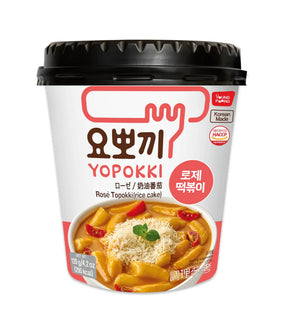 Yopokki instant noodles cup with Korean text and a picture of noodles on a white background