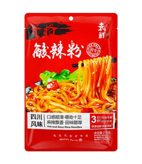 A red stand-up pouch of Chinese hot and sour rice noodles, featuring a large image of the prepared noodles with green vegetables on the front, with Chinese text and the brand name 'Shi Ge' (失格) visible.