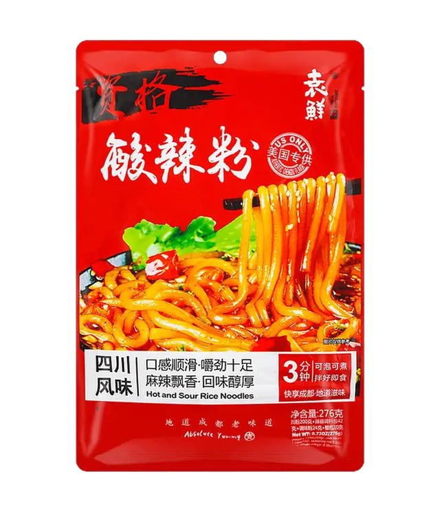 A red stand-up pouch of Chinese hot and sour rice noodles, featuring a large image of the prepared noodles with green vegetables on the front, with Chinese text and the brand name 'Shi Ge' (失格) visible.