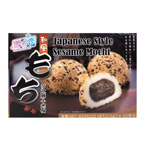 Packaging for Japanese Style Sesame Mochi showing the product name, image of the mochi with sesame seeds, and nutritional information.